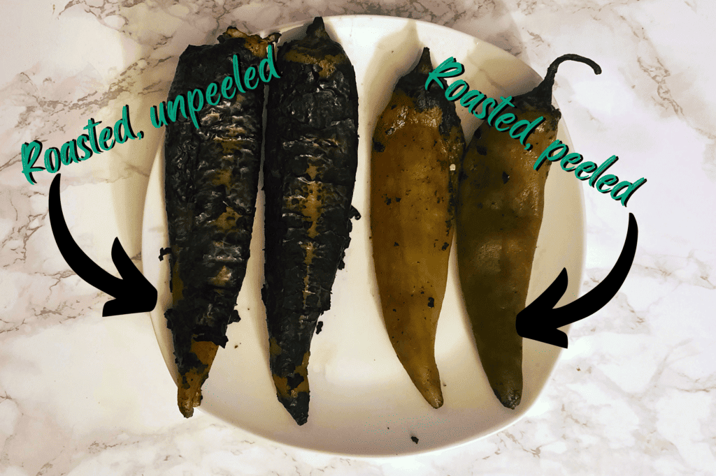 two-roasted-unpeeled-Hatch-Green-Chiles-compared-to-two-roasted-peeled-Hatch-chiles