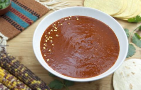 white-bowl-of-New-Mexican-style-red-chile-sauce-garnished-with-seeds-and-tortillas