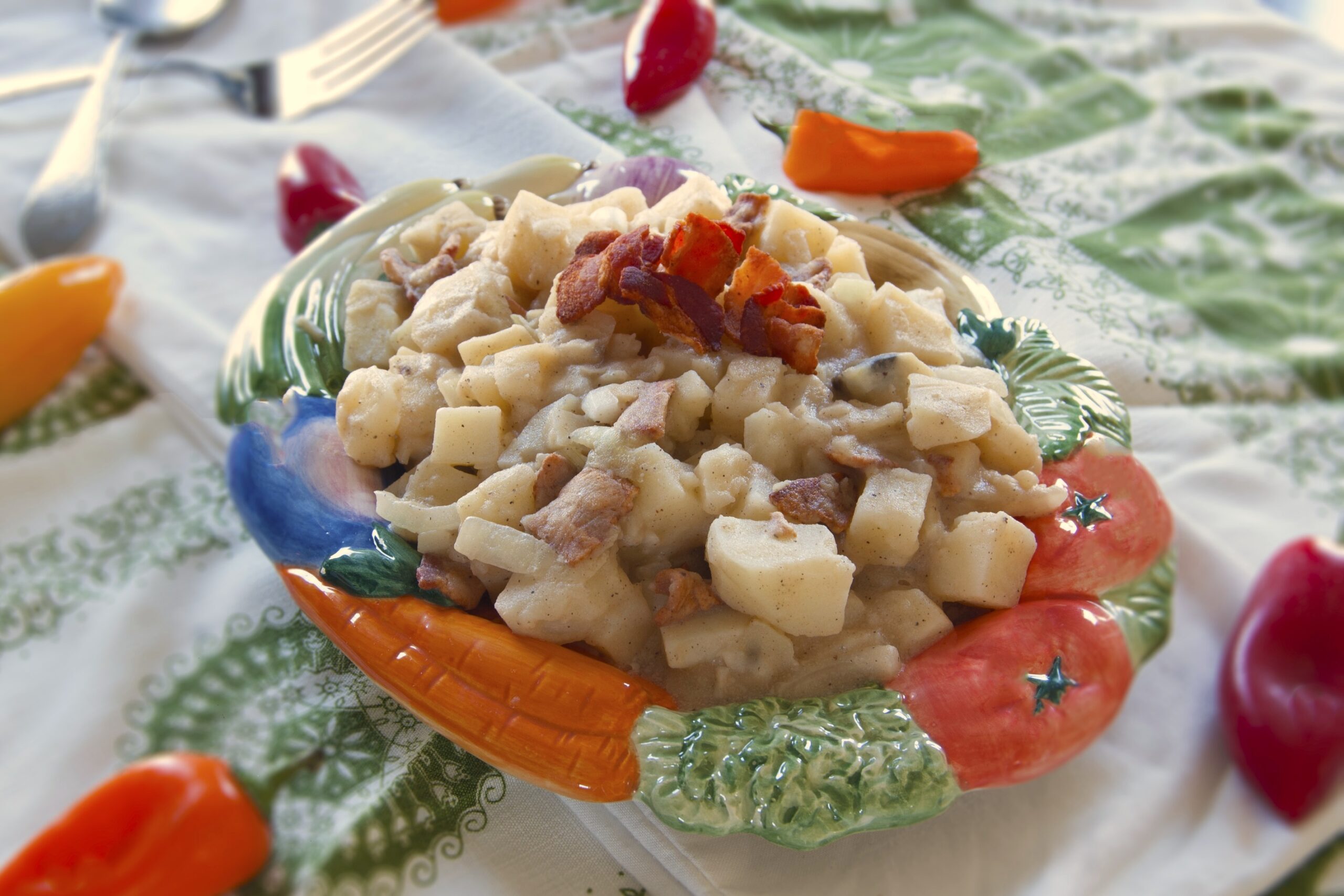 Kartoffelsalat-German-potato-salad-served-in-garden-vegetable-themed-porcelain-dish-garnished-with-bacon