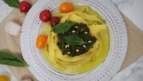 egg-noodles-topped-with-kaffir-basil-pesto-garnished-with-leftover-kaffir-lime-leaves-and-tomatoes