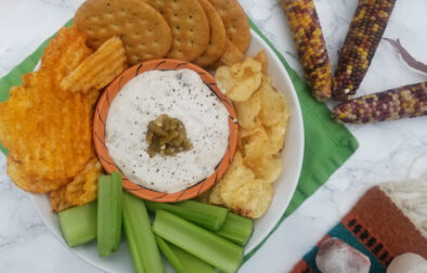 top-view-Hatch-Horsey-Sauce-surrounded-by-celery-chips-and-crackers