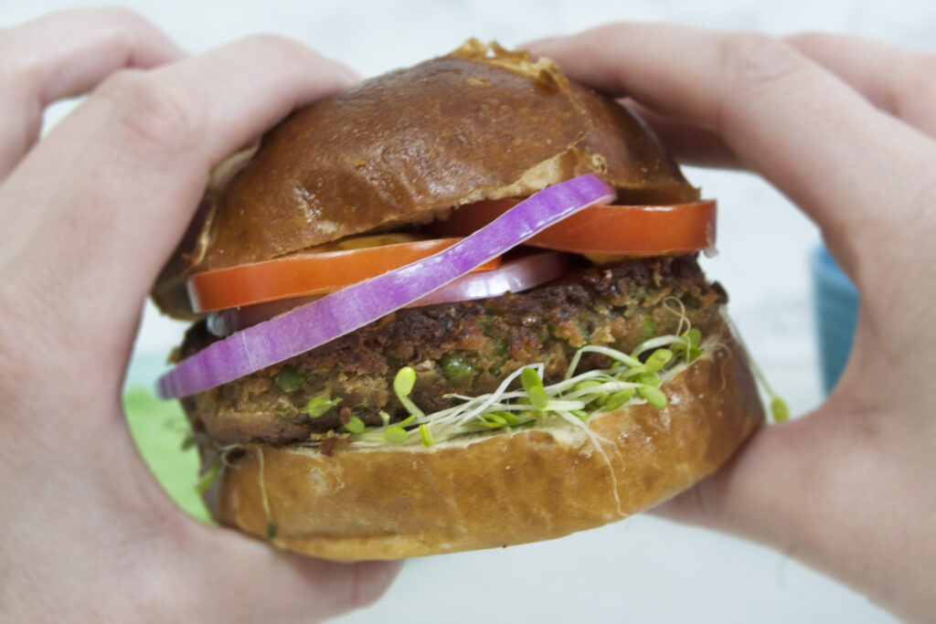 handheld-black-eyed-pea-unique-veggie-burger-in-bun-with-onion-and-tomato