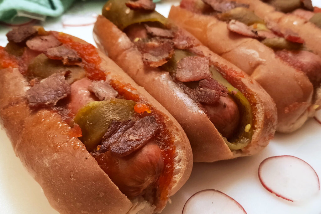 side-view-Colorado-Christmas-dog-with-bacon-Hatch-chile-and-red-pepper-jam