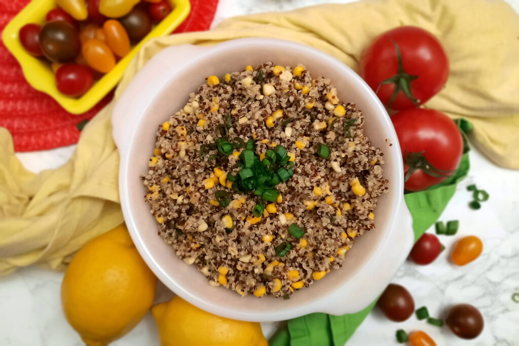 summer-side-dish-top-view-Honey-Butter-Quinoa-and-Corn-with-tomatoes-and-lemons