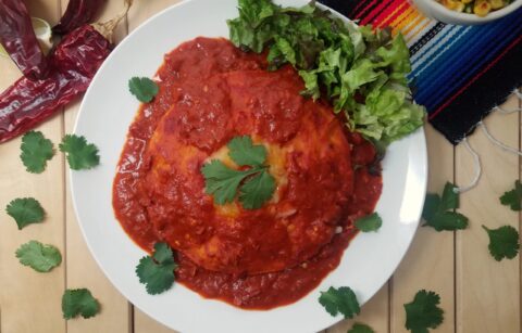 New-Mexican-style-stacked-enchiladas-with-red-sauce-on-white-plate-garnished-with-cilantro