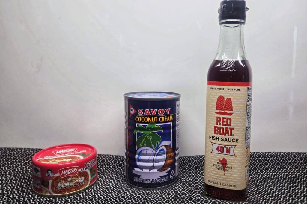 images-of-three-branded-items-for-Restaurant-style-Thai-curry-red-boat-fish-sauce-savoy-coconut-cream-and-maesri-panang-curry-paste